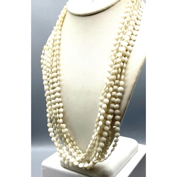 Vintage Plastic Multi Strand Necklace, Hong Kong, Basic White Round Beads, Four - Picture 2 of 6